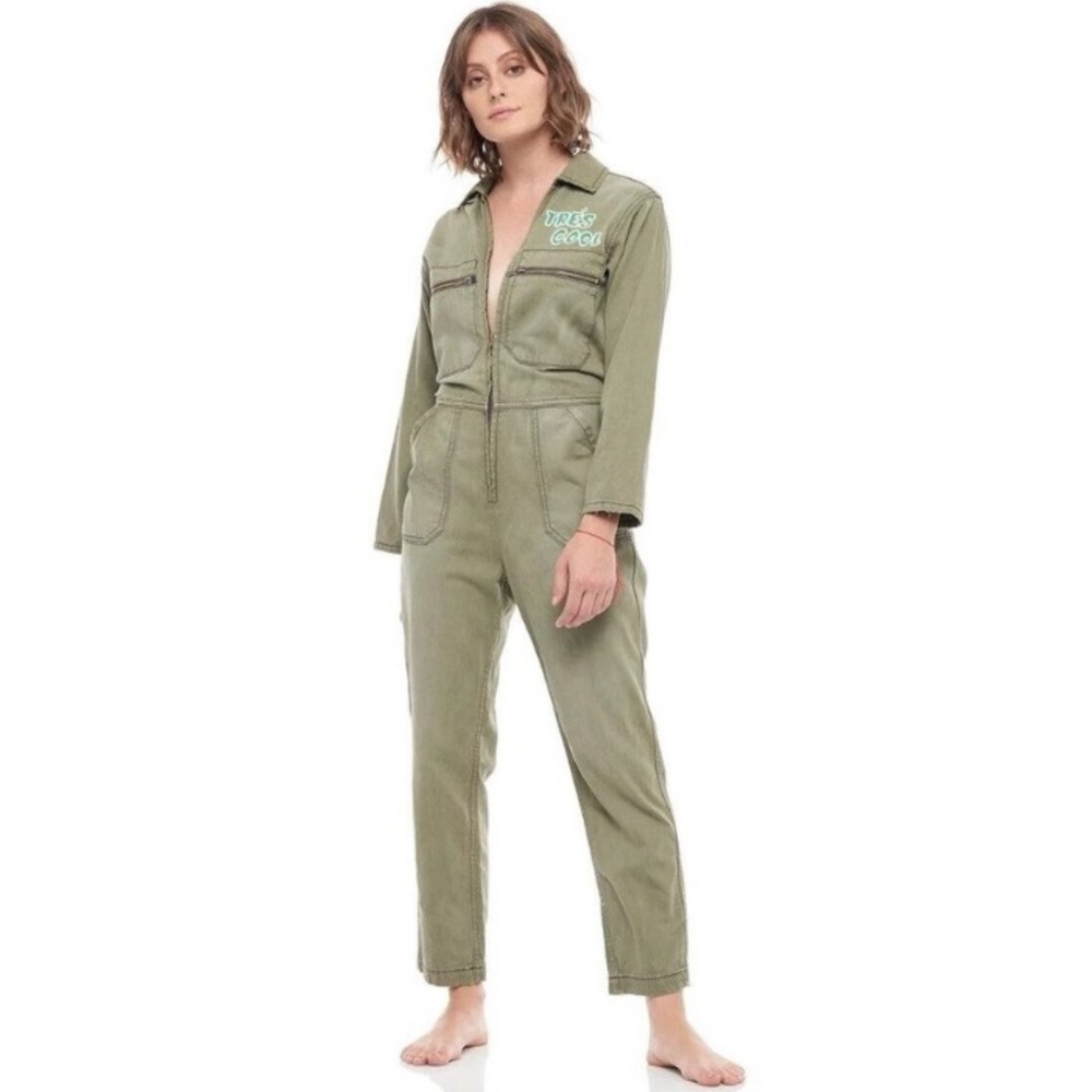 Sandrine Rose x Free People‎  Natural Khaki Tres Cool Front Zipper Jumpsuit Sz M